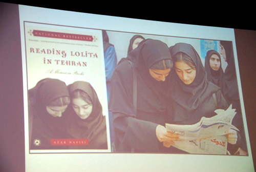 Cover of Reading Lolita in Tehran (cropped) & Actual image of University students reading the newspaper to find out about election results