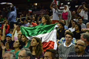 Iranian-American woman cheering for Iran's volleyball team  - USC (August 9, 2014) - by QH