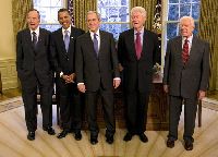 President George W. Bush meets with former Presidents George H.W. Bush, Bill Clinton and Jimmy Carter and President-elect Barack Obama - Jan. 7, 2009