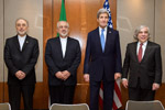 Secretary Kerry, Energy Secretary Moniz Stand With Iranian Foreign Minister Zarif and Vice President of Iran for Atomic Energy Salehi Before Meeting in Switzerland - USDOS Photo (February 23, 2015)