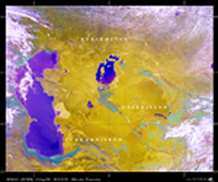 Caspian Sea and Aral Sea (near center) in Uzbekistan (NASA)