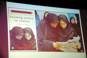 Cover of Reading Lolita in Tehran (cropped) & Actual image of University students reading the newspaper to find out about election results - by QH