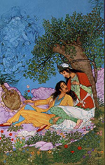 Miniature painting by master Hossein Behzad depicting two lovers.