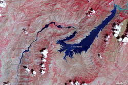 Vakhsh River and Lake Nurek, Tajikistan (NASA)